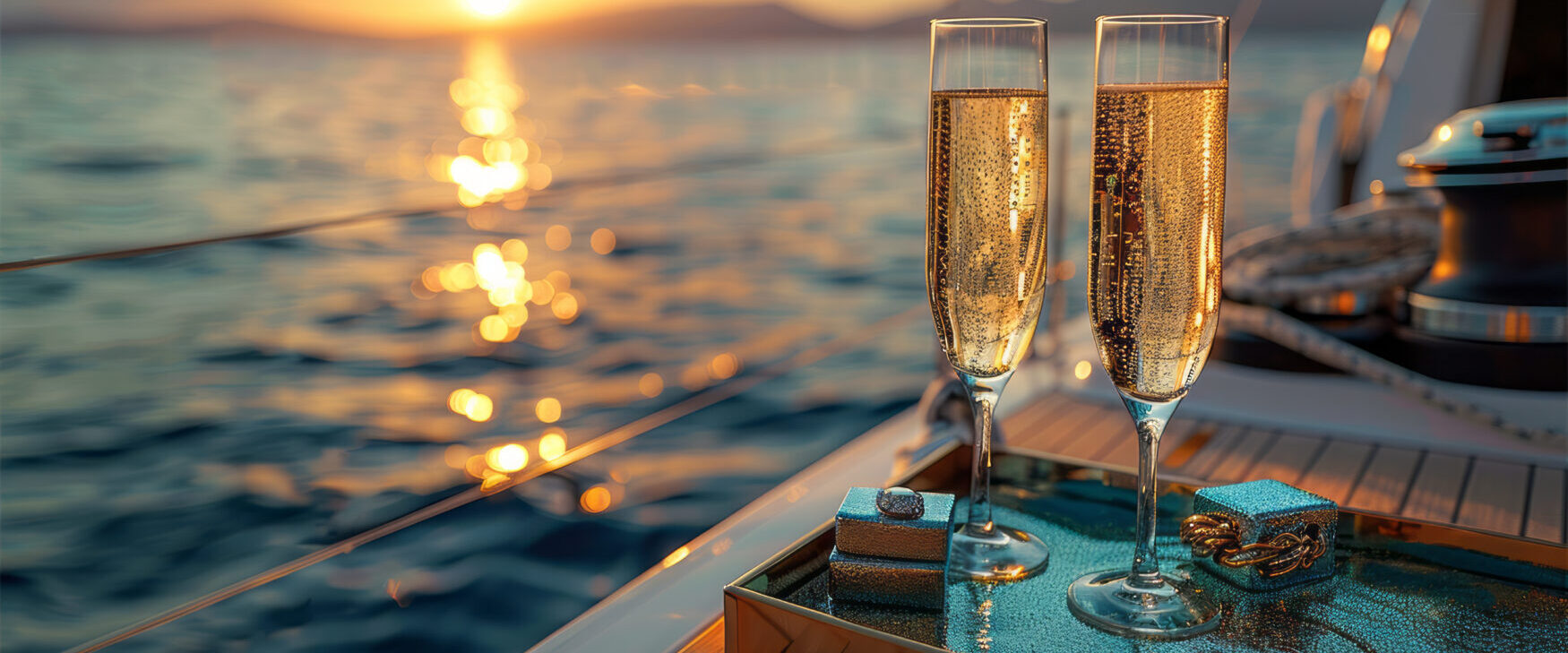 a box with a diamond ring in the style of Tiffany's, on an elegant tray with champagne filled glasses, on a sailing boat deck.generative ai