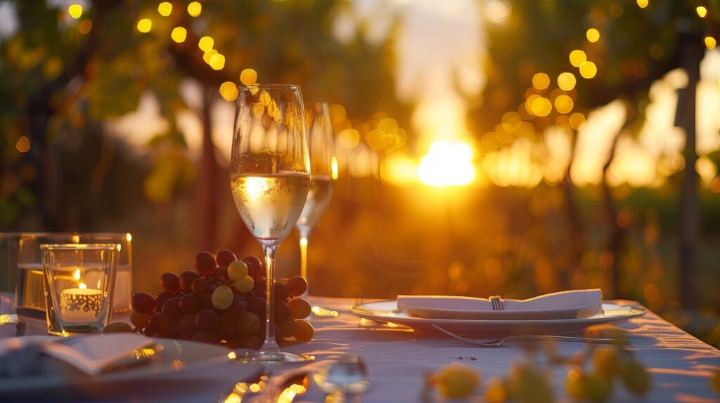 Inviting Wedding Table Setting at Sunset in Vineyard