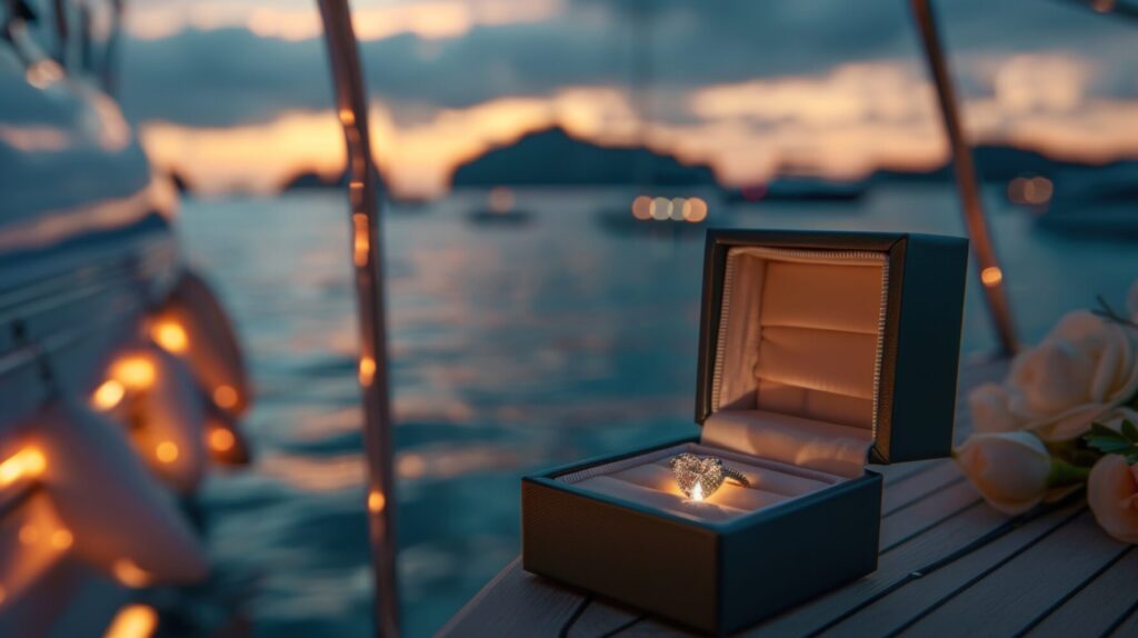 A blue box with two heart shaped rings inside sits on a boat in the water. Generate AI