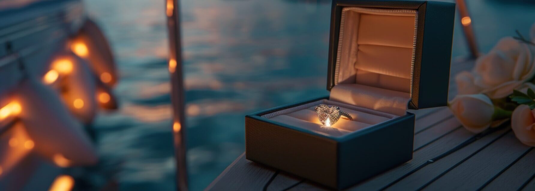 A blue box with two heart shaped rings inside sits on a boat in the water. Generate AI
