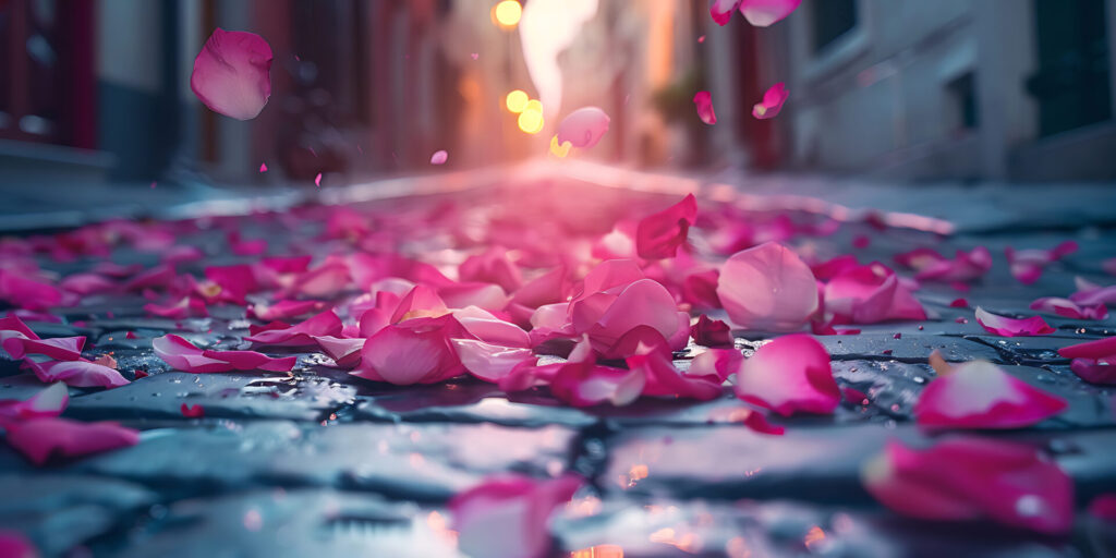 Outdoor Pink Rose Petals on street background - Ai Generated