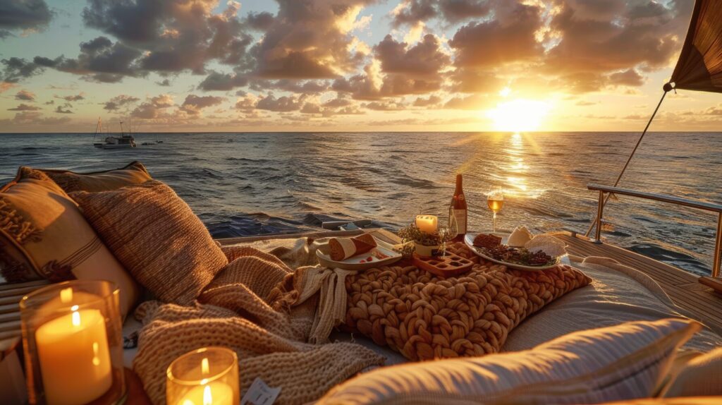 A boat is docked at the beach with a table full of food and drinks. The table is covered with a blanket and pillows, and there are candles lit around the area